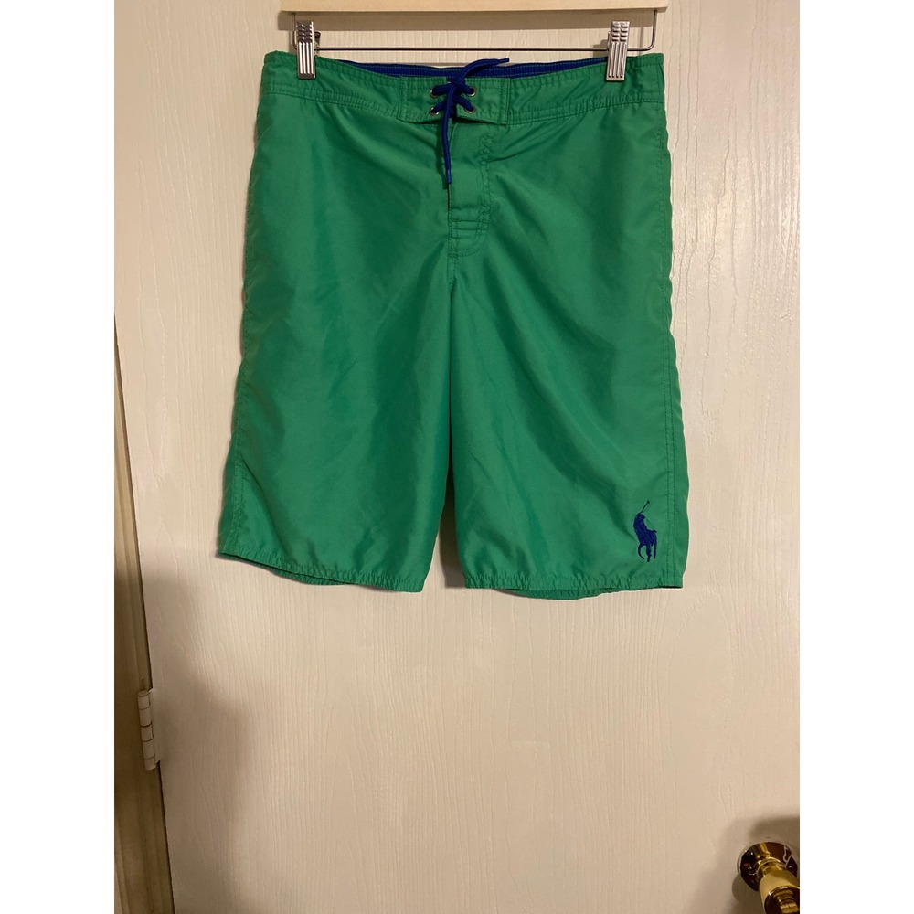 Polo Ralph Lauren Boys Green Swim Trunks Board Shorts Blue Pony Size L 14-16 601